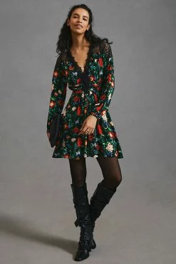 Wholesale ???? By Anthropologie Lacy V-Neck Mini ???? Dress BLACK MOTIF ✔️