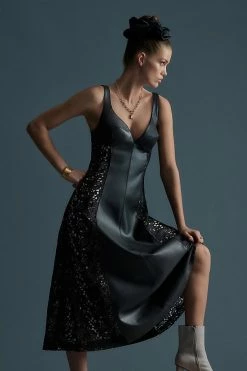 Cheapest ???? By Anthropologie Faux Leather Lace ???? Dress BLACK ⌛