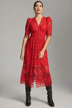 Budget ???? Hunter Bell Puff-Sleeve Lace ???? Dress RED ????