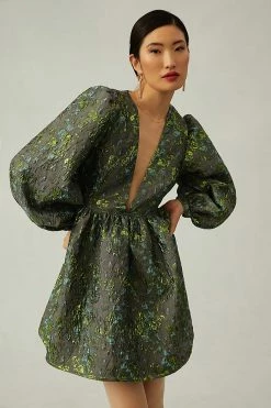 Wholesale ???? Corey Lynn Calter Deep-V Jacquard ???? Dress GREEN MOTIF ????