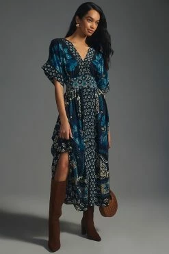 Cheap ???? Farm Rio Deep-V ???? Dress BLUE MOTIF ????