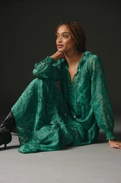 Best Pirce ???? By Anthropologie The Marais Maxi ???? Dress: Satin-Burnout Edition GREEN ❤️